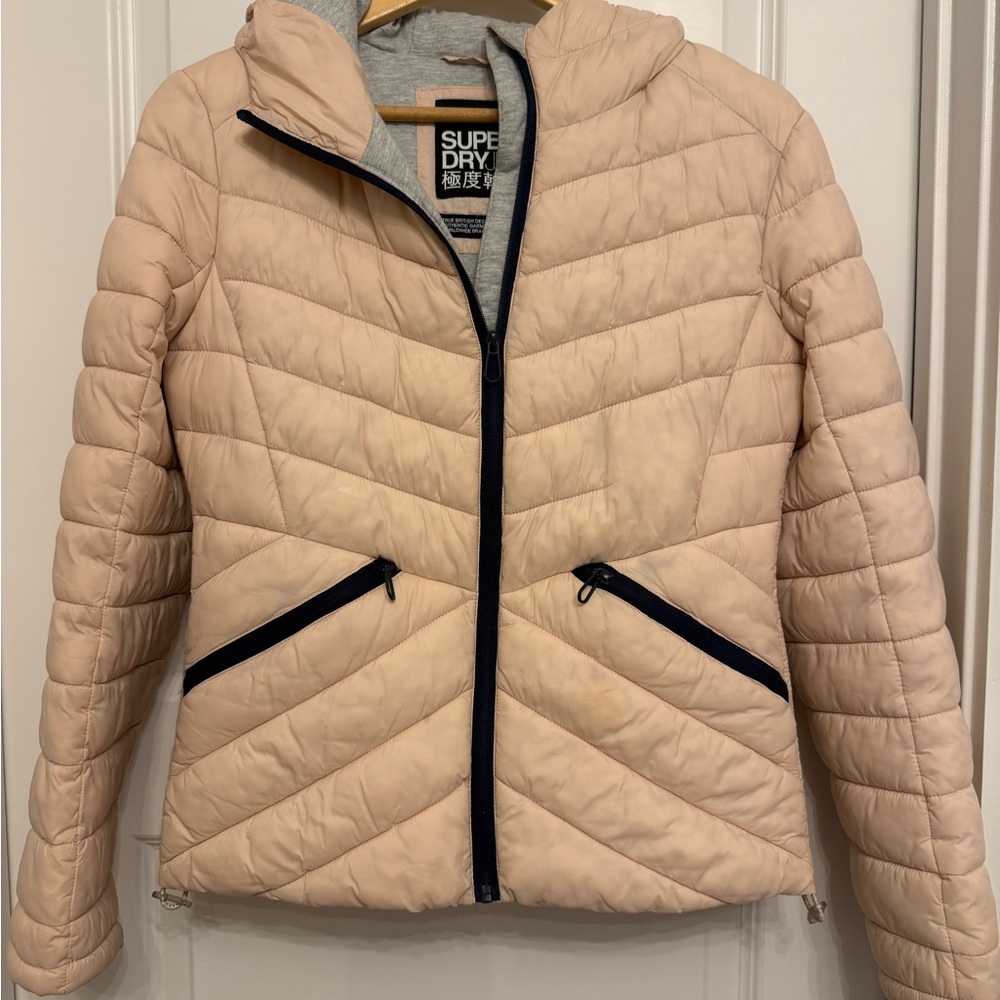 Superdry Quilted Hooded Puffer Jacket in Light Blush with Black Trim